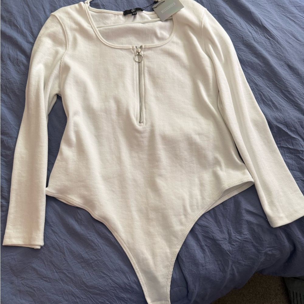 White Long Sleeve Bodysuit with Front Zipper